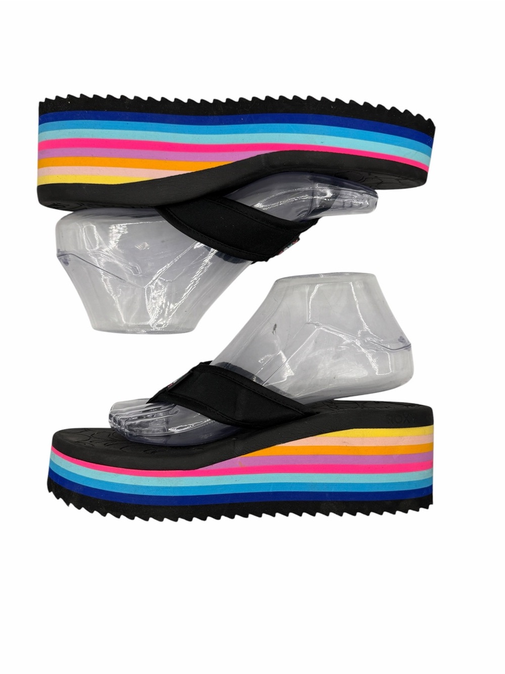 Roxy Black Thong Platform Sandals with Rainbow Stripes - Size 7.5